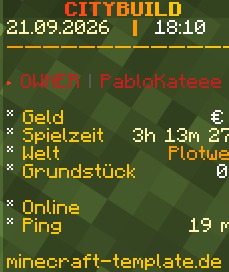 Citybuild Ultimate — Scoreboard mit Rang, Geld, Spielzeit & Ping
